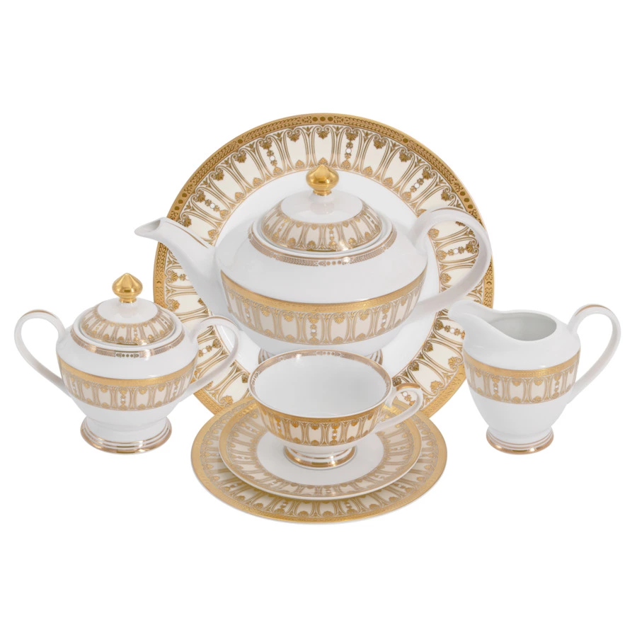 Сервиз чайный  Midori Contessa 42 предмета на 12 персон, фарфор твердый, бежевый с золотым, п/к