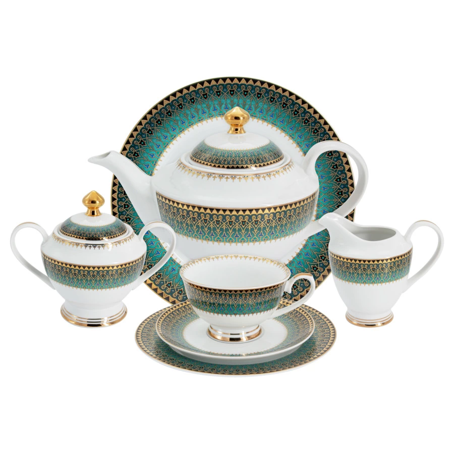 Сервиз чайный  Midori Бухара 42 предмета на 12 персон, фарфор твердый, зеленый, п/к