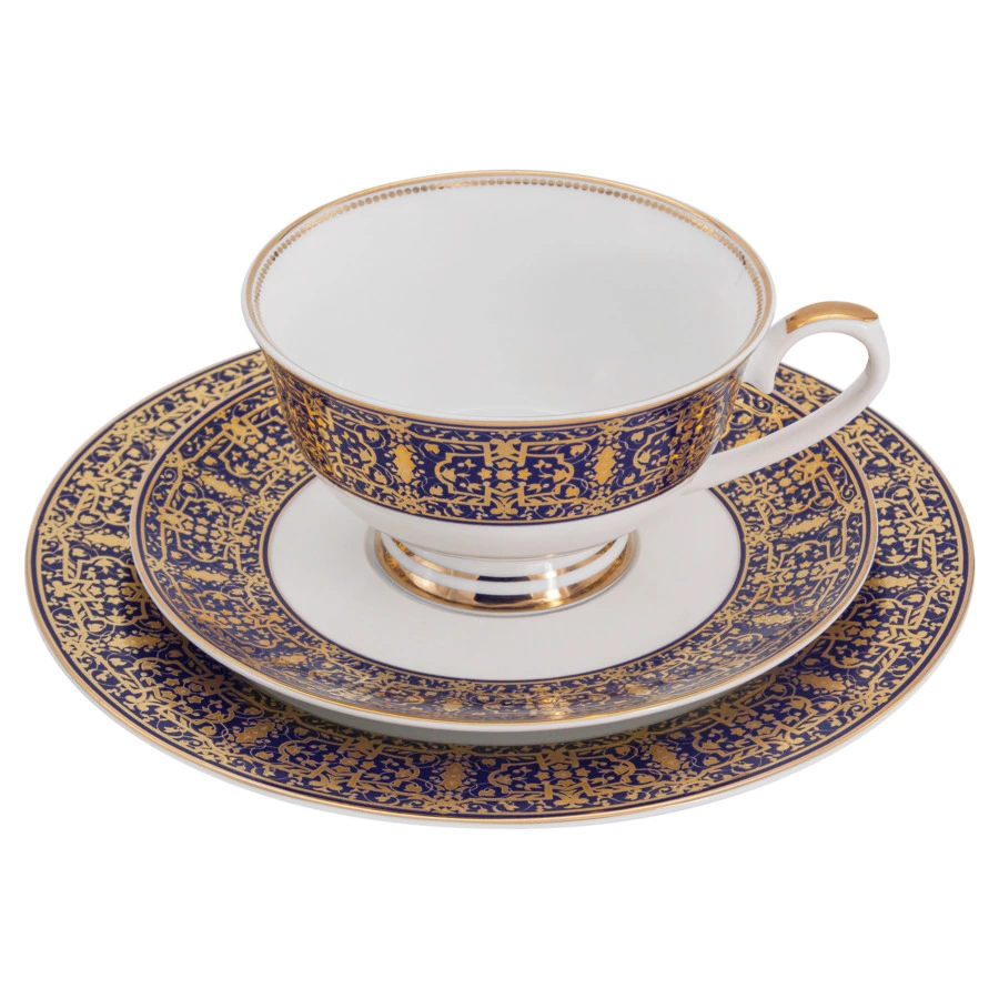 Сервиз чайный  Midori Византия 42 предмета на 12 персон, фарфор твердый, синий с золотым, п/к