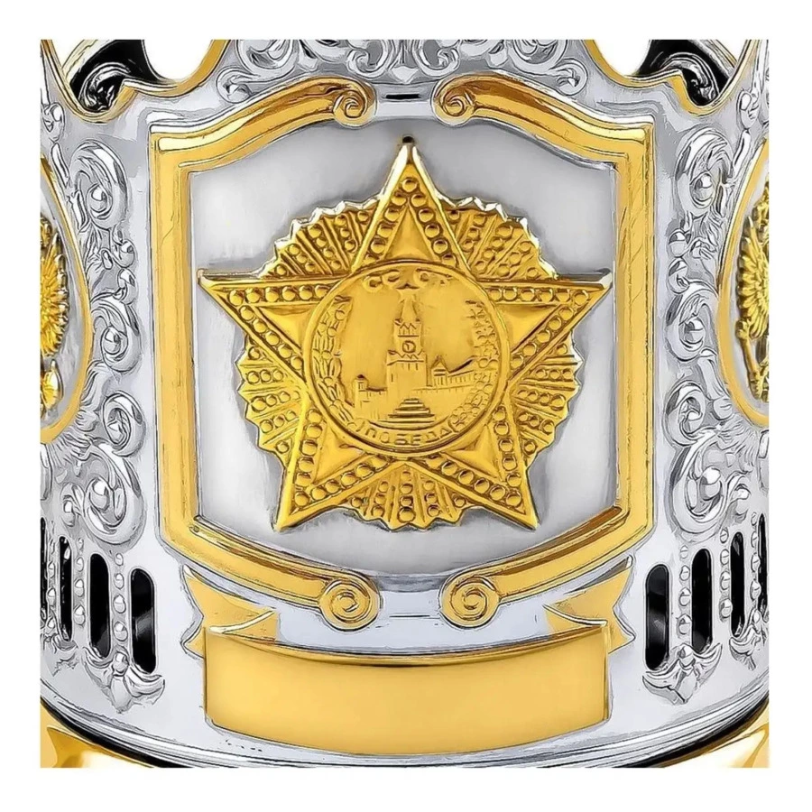 Стакан с подстаканником Кольчугинский мельхиор Орден Победы 2 Герба РФ с чернением и позолотой, лату