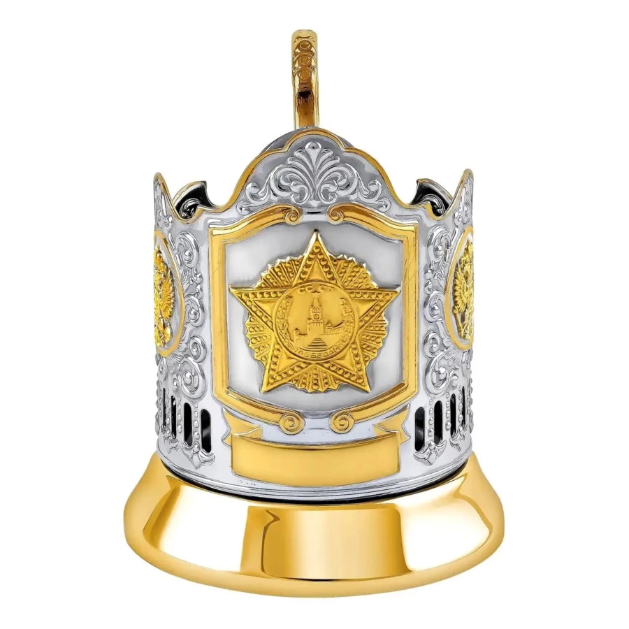 Стакан с подстаканником Кольчугинский мельхиор Орден Победы 2 Герба РФ с чернением и позолотой, лату