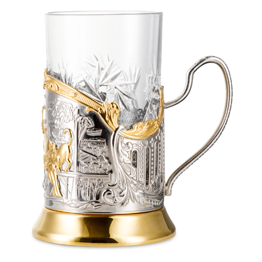 Стакан с подстаканником Кольчугинский мельхиор Купчиха с чернением и позолотой, латунь