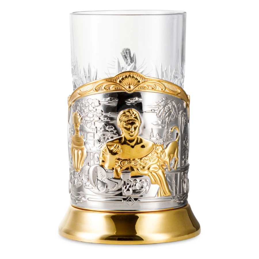 Стакан с подстаканником Кольчугинский мельхиор Купчиха с чернением и позолотой, латунь