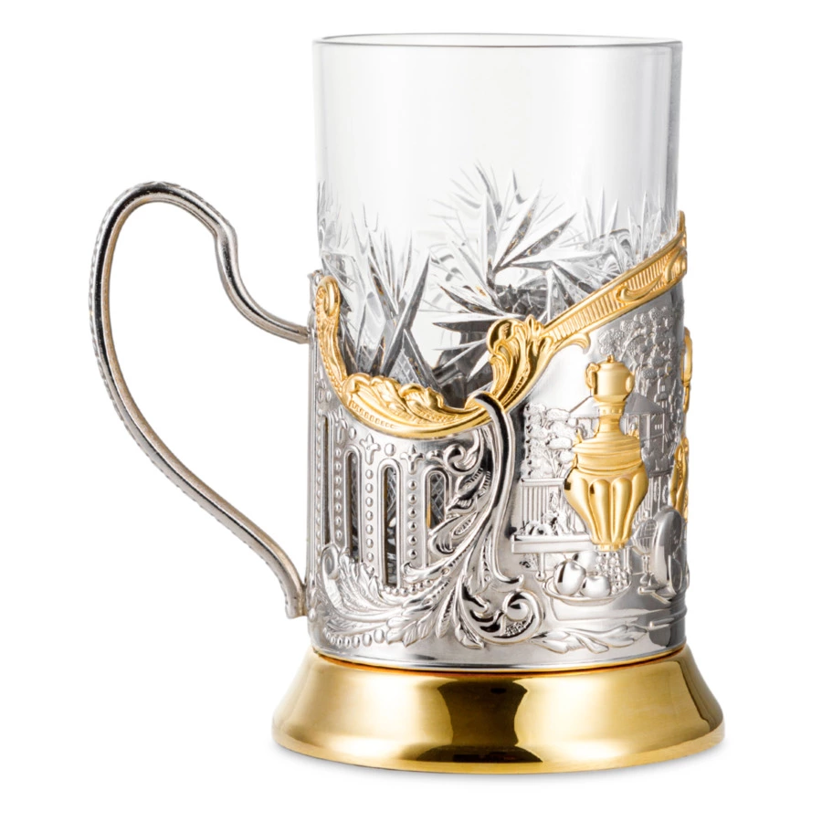 Стакан с подстаканником Кольчугинский мельхиор Купчиха с чернением и позолотой, латунь