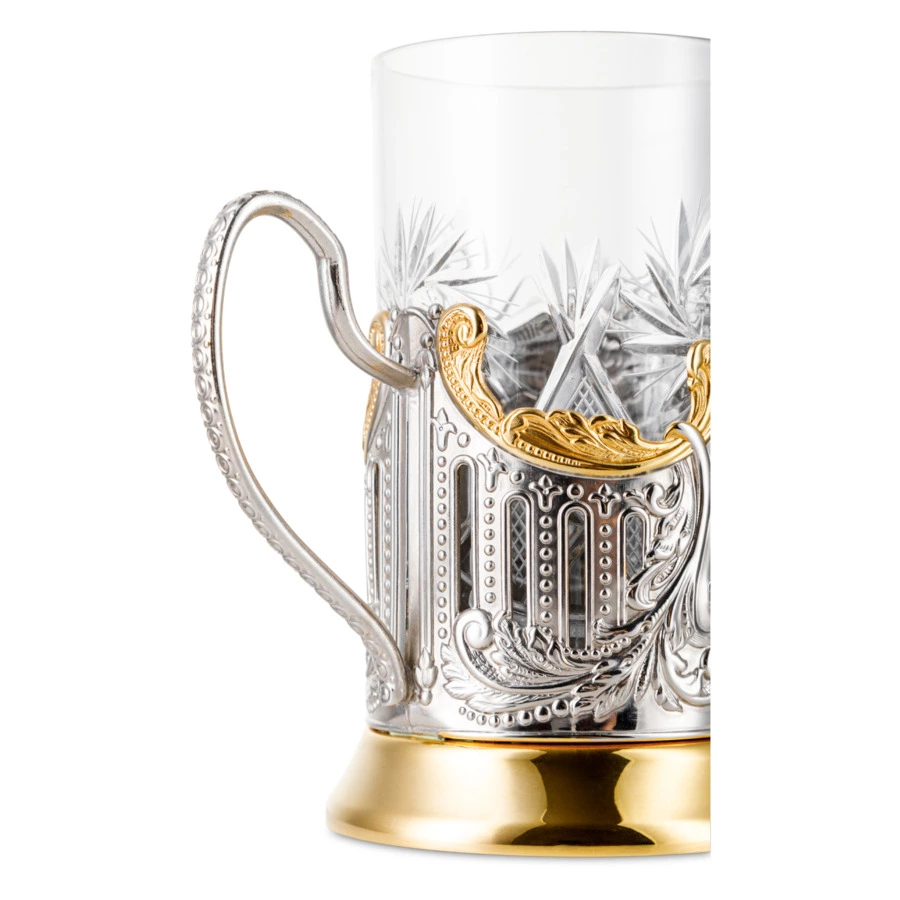 Стакан с подстаканником Кольчугинский мельхиор Купчиха с чернением и позолотой, латунь