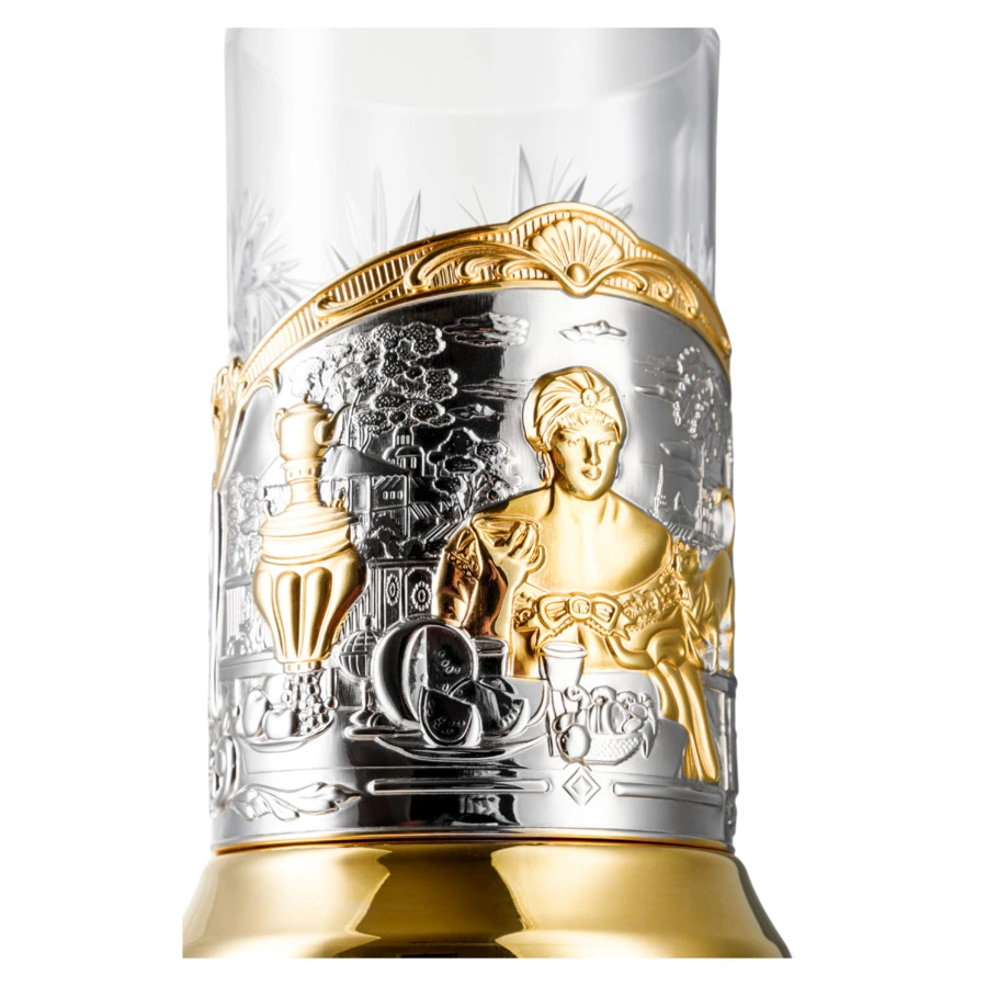 Стакан с подстаканником Кольчугинский мельхиор Купчиха с чернением и позолотой, латунь
