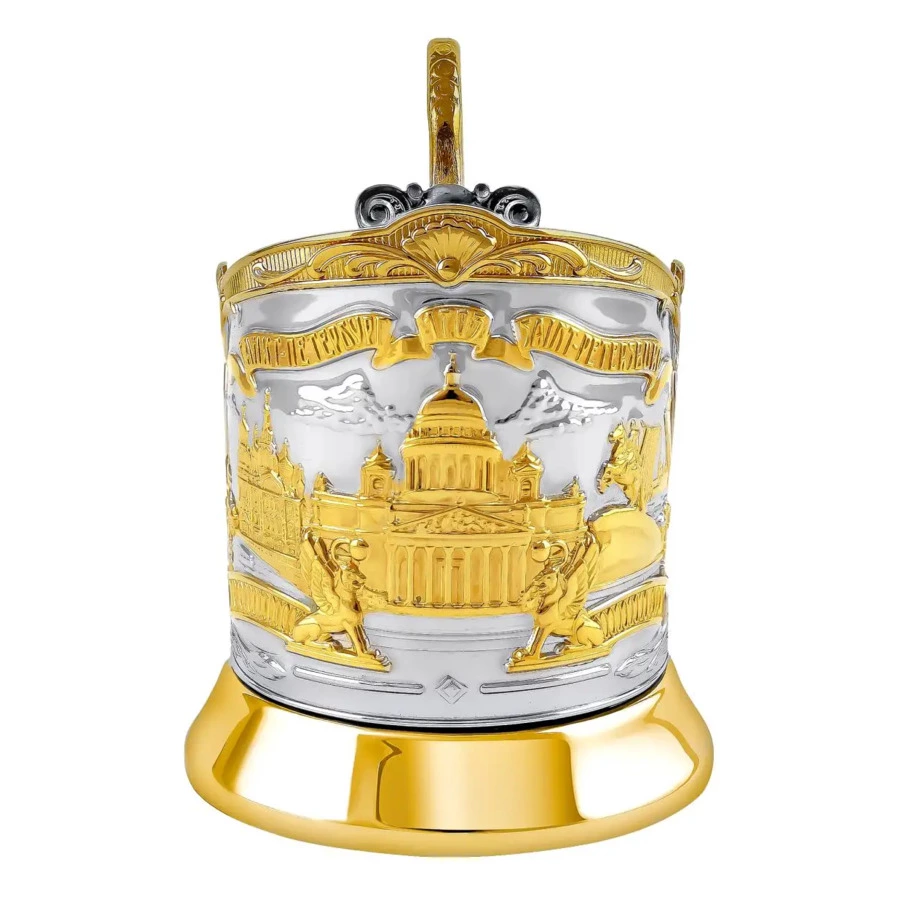 Стакан с подстаканником Кольчугинский мельхиор Санкт-Петербург с чернением и позолотой, латунь