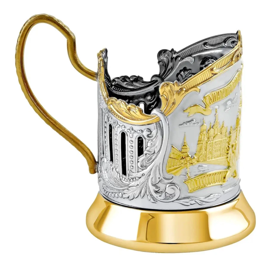 Стакан с подстаканником Кольчугинский мельхиор Санкт-Петербург с чернением и позолотой, латунь