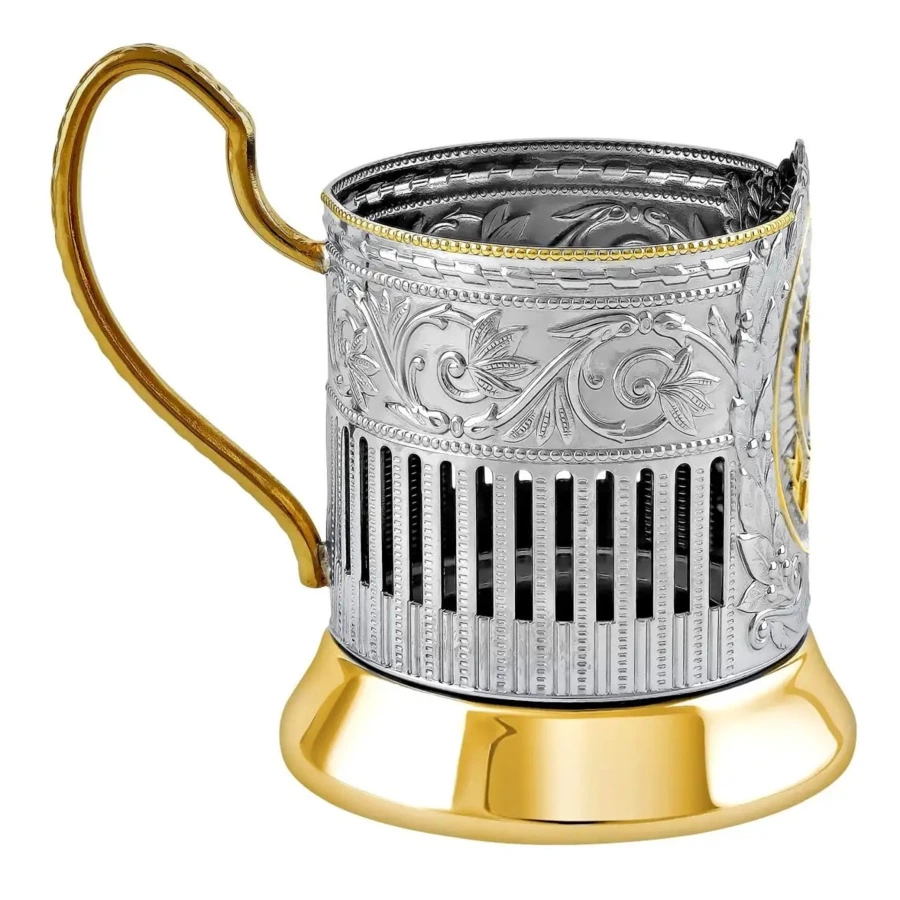 Стакан с подстаканником в футляре Кольчугинский мельхиор 70 лет Советский с чернением и позолотой, н