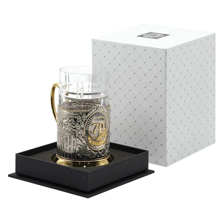 Стакан с подстаканником в футляре Кольчугинский мельхиор 70 лет Советский с чернением и позолотой, н