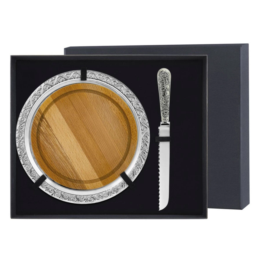 Набор для хлеба в футляре Кольчугинский мельхиор Охотничий из 3 предметов с посеребрением и чернение