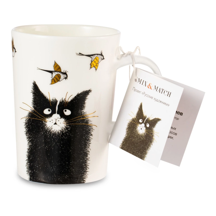 Кружка Mix&Match Синергия Кот Мечты о крыльях 450 мл, белая ручка, фарфор костяной
