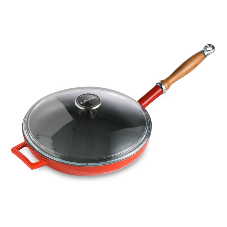 Сковорода с крышкой LAVA d28 см, 2,3 л, деревянная ручка, чугун, красная