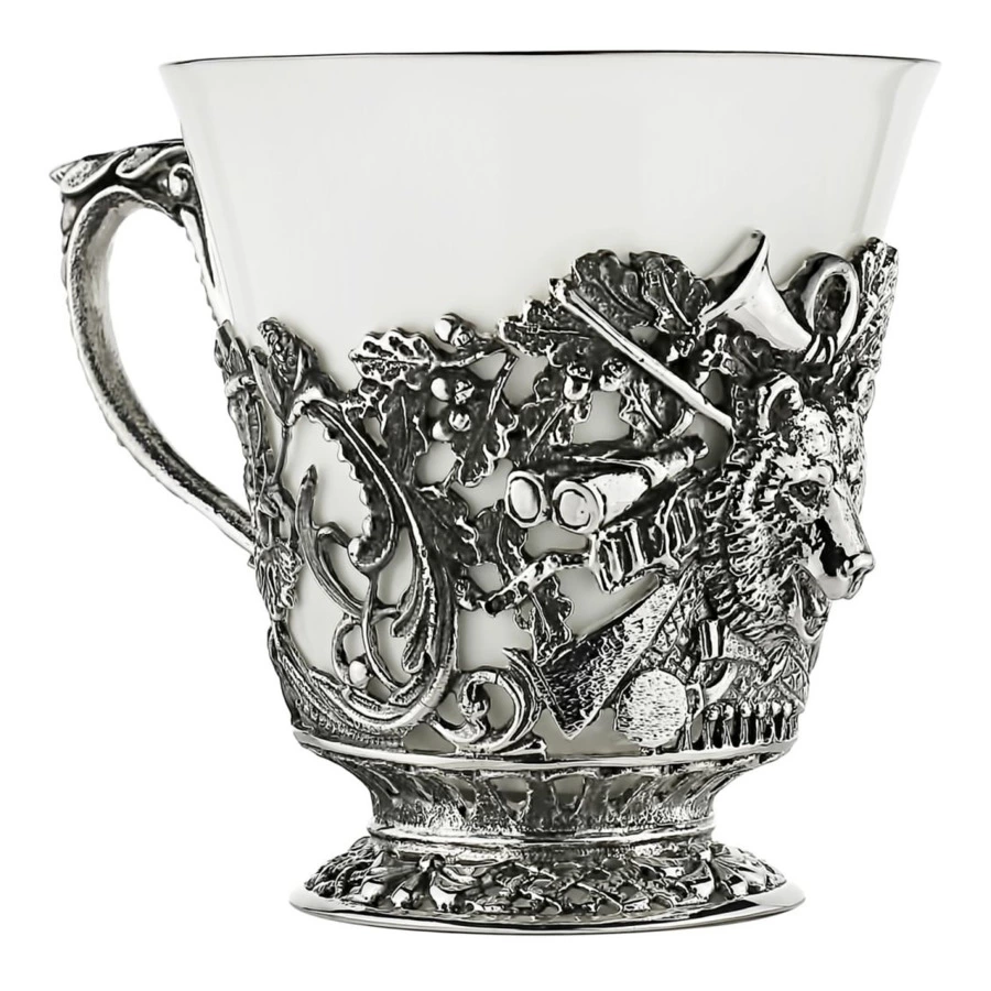 Набор чайный в футляре Кольчугинский мельхиор Охотничий, 12 предметов, с посеребрением и чернением,