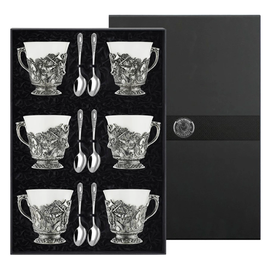 Набор чайный в футляре Кольчугинский мельхиор Охотничий, 12 предметов, с посеребрением и чернением,