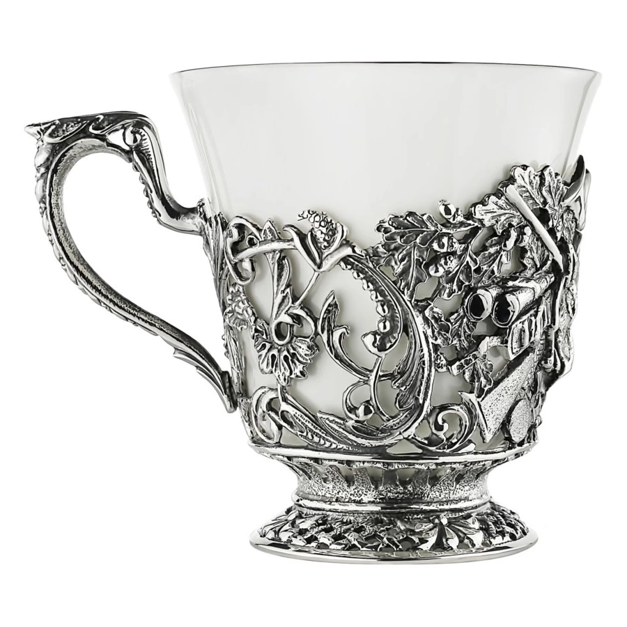 Набор чайный в футляре Кольчугинский мельхиор Охотничий, 12 предметов, с посеребрением и чернением,