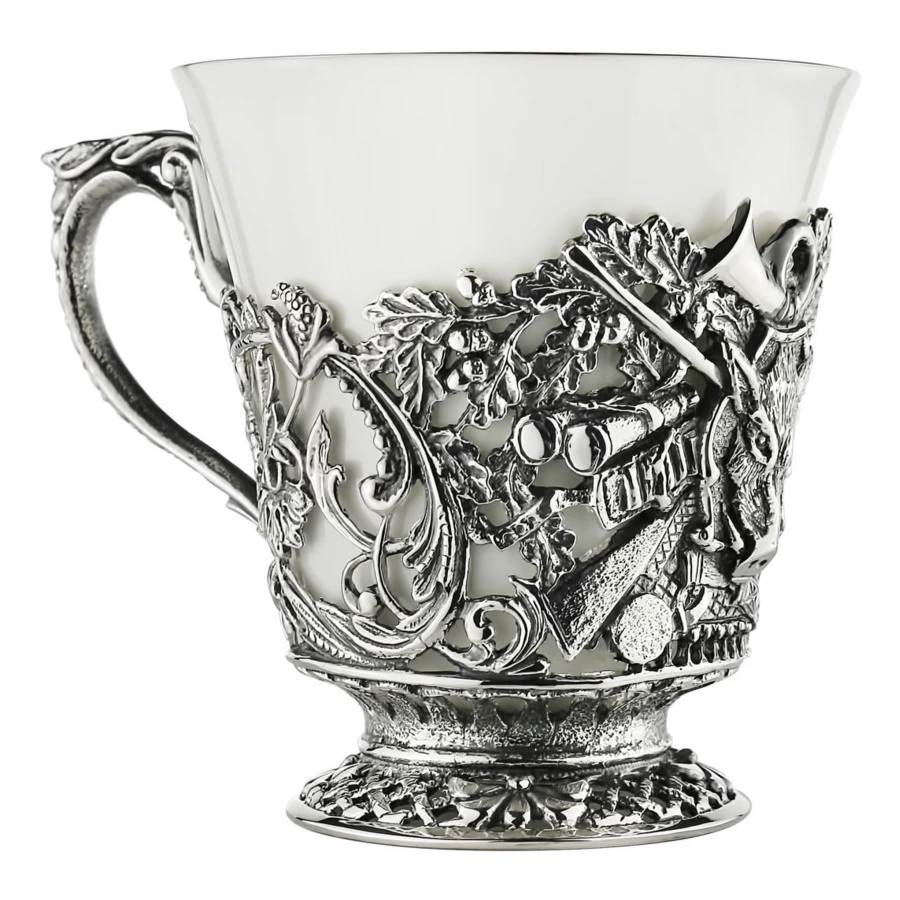 Набор чайный в футляре Кольчугинский мельхиор Охотничий, 12 предметов, с посеребрением и чернением,