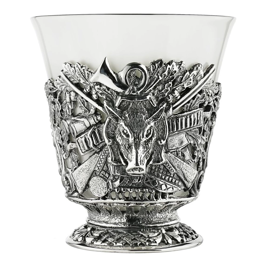 Набор чайный в футляре Кольчугинский мельхиор Охотничий, 12 предметов, с посеребрением и чернением,