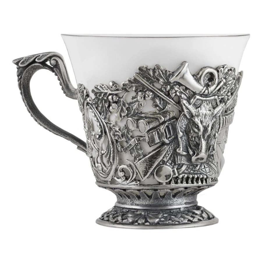 Набор чайный в футляре Кольчугинский мельхиор Охотничий, 12 предметов, с посеребрением и чернением,