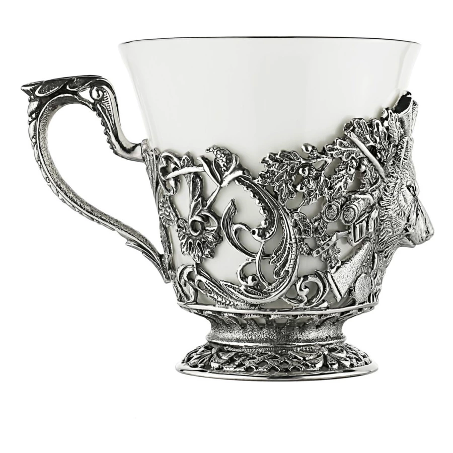 Набор чайный в футляре Кольчугинский мельхиор Охотничий, 12 предметов, с посеребрением и чернением,