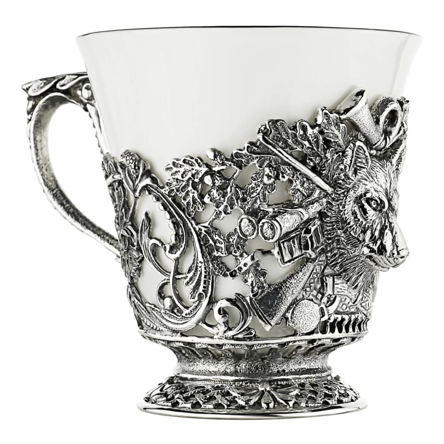 Набор чайный в футляре Кольчугинский мельхиор Охотничий, 12 предметов, с посеребрением и чернением,