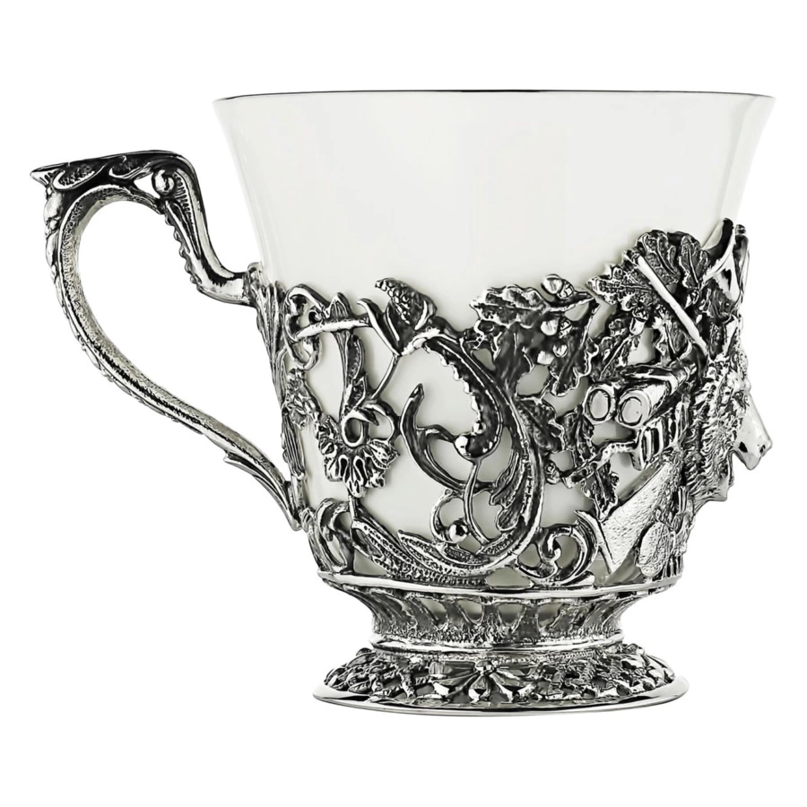 Набор чайный в футляре Кольчугинский мельхиор Охотничий, 12 предметов, с посеребрением и чернением,