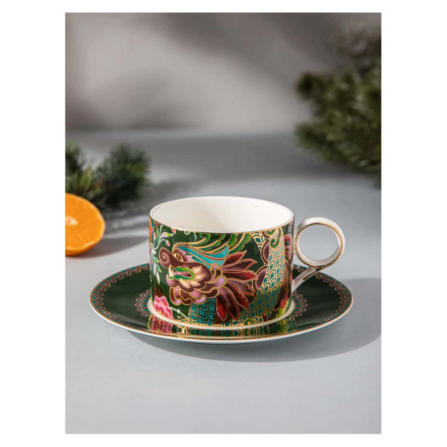 Чашка чайная с блюдцем Mix&Match Home Волшебный Дракон, фарфор, зеленая