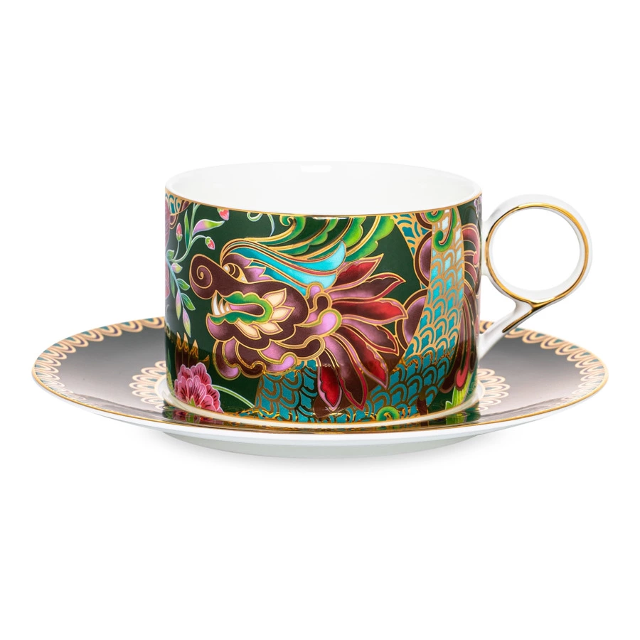 Чашка чайная с блюдцем Mix&Match Home Волшебный Дракон, фарфор, зеленая
