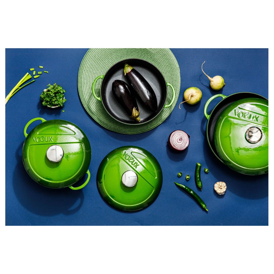 Кастрюля с крышкой низкая Voeux Foret d28 см, 4,2 л, чугун,  зеленая