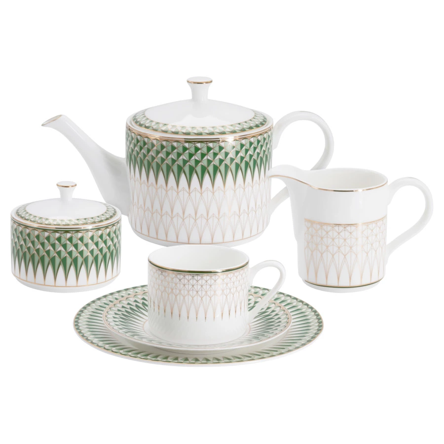 Сервиз чайный Anna Lafarg Emily Изумруд на 6 персон 21 предмет, фарфор костяной, белый, п/к