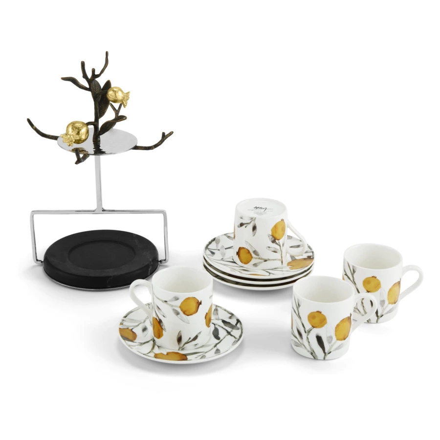 Набор кружек с блюдцами на подставке Michael Aram Гранат 8 предметов h24 см, фарфор