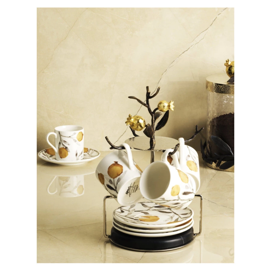 Набор кружек с блюдцами на подставке Michael Aram Гранат 8 предметов h24 см, фарфор