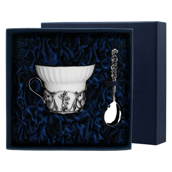 Чашка чайная с ложкой в футляре АргентА Ангел 68,19 г, серебро 925