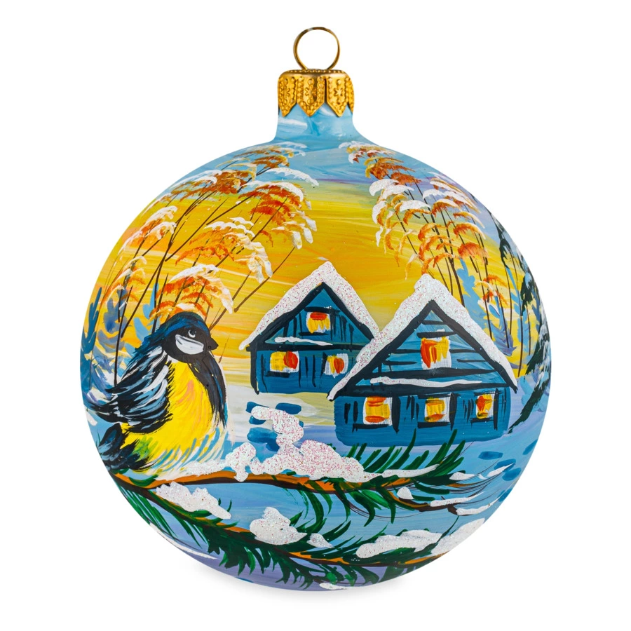 Игрушка елочная шар Bartosh Синички зимой №2 10 см, стекло, п/к