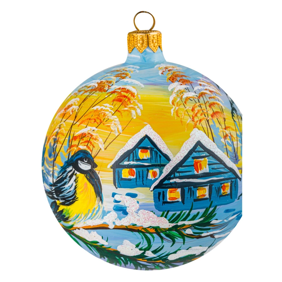 Игрушка елочная шар Bartosh Синички зимой №2 10 см, стекло, п/к