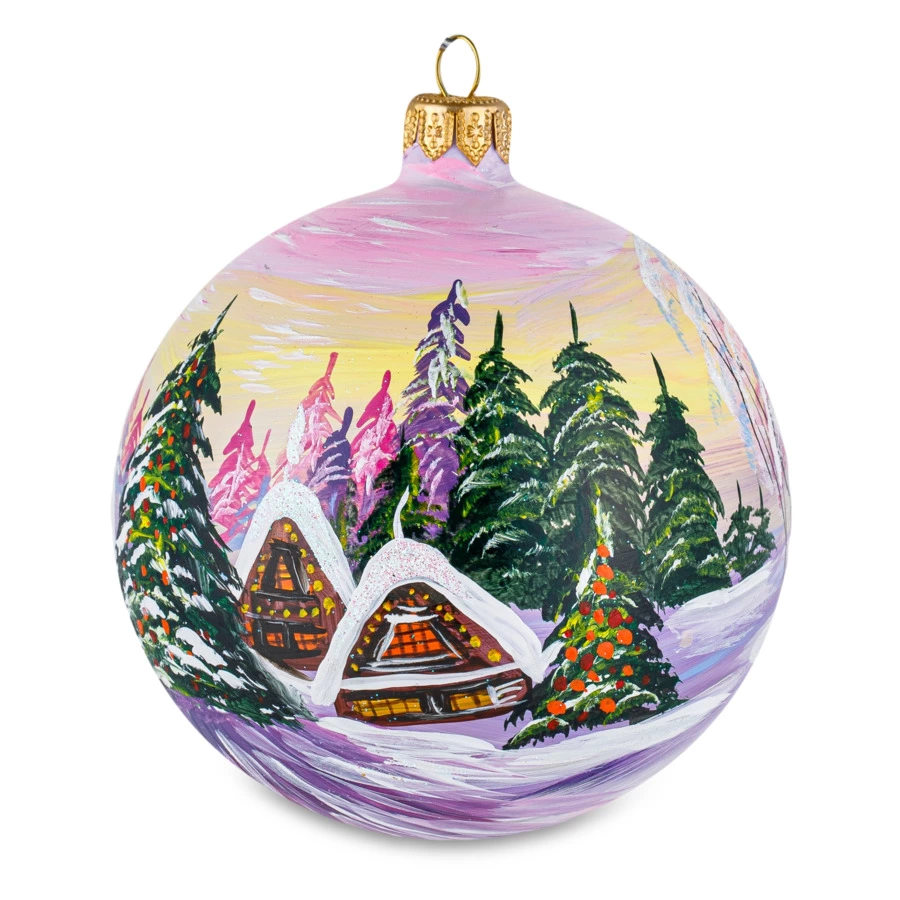 Игрушка елочная шар Bartosh розовое Рождество, пейзаж круговой 10 см, стекло, п/к