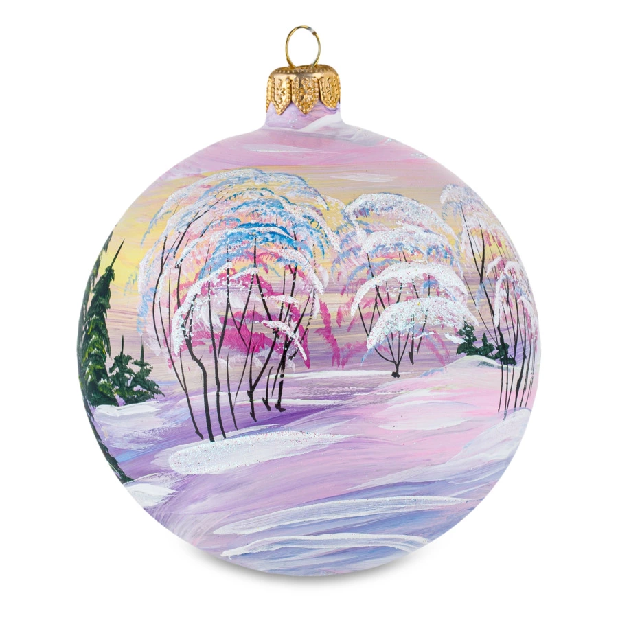 Игрушка елочная шар Bartosh розовое Рождество, пейзаж круговой 10 см, стекло, п/к