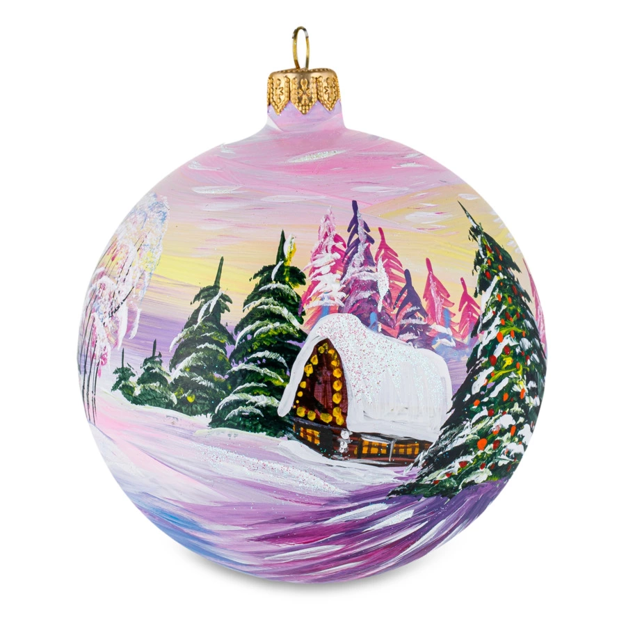 Игрушка елочная шар Bartosh розовое Рождество, пейзаж круговой 10 см, стекло, п/к