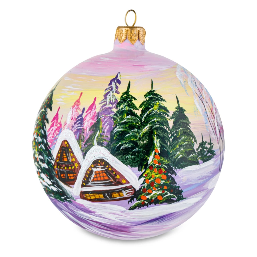 Игрушка елочная шар Bartosh розовое Рождество, пейзаж круговой 10 см, стекло, п/к