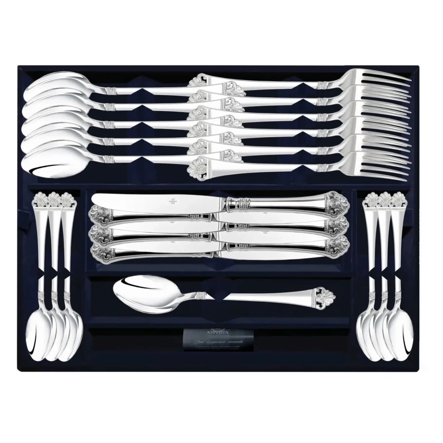Набор столовых приборов в футляре АргентА Афина 1392,99 г, на 6 персон 24 предмета, серебро 925