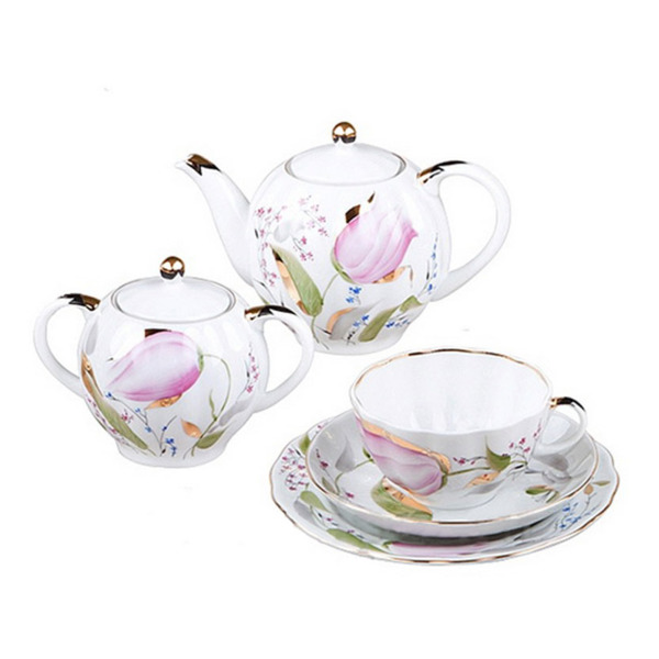 Сервиз чайный ИФЗ Розовые тюльпаны Тюльпан на 4 персоны 14 предметов, фарфор твердый-sale