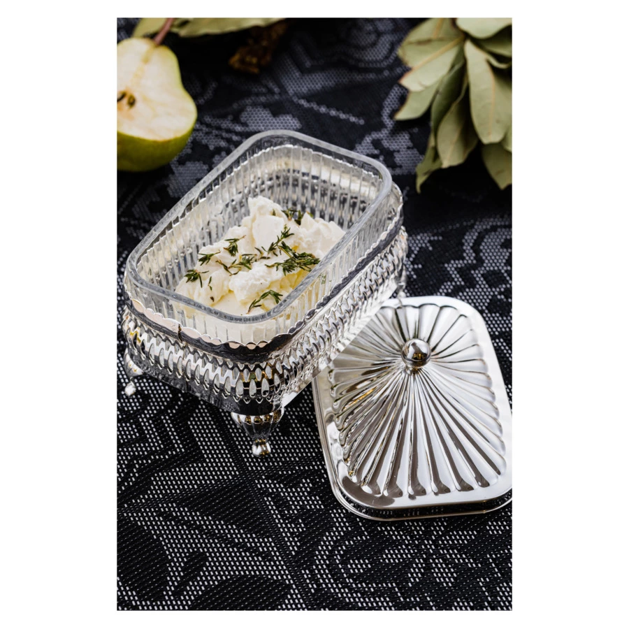 Масленка прямоугольная с крышкой Queen Anne 13х9см, сталь, стекло, посеребрение