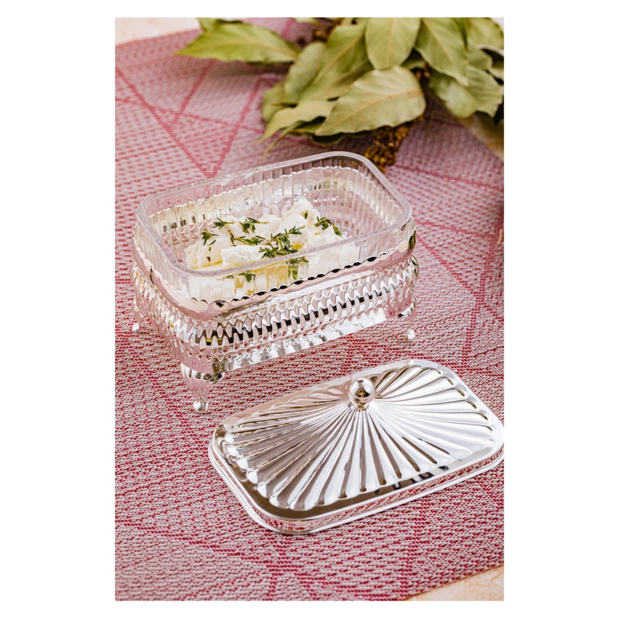 Масленка прямоугольная с крышкой Queen Anne 13х9см, сталь, стекло, посеребрение