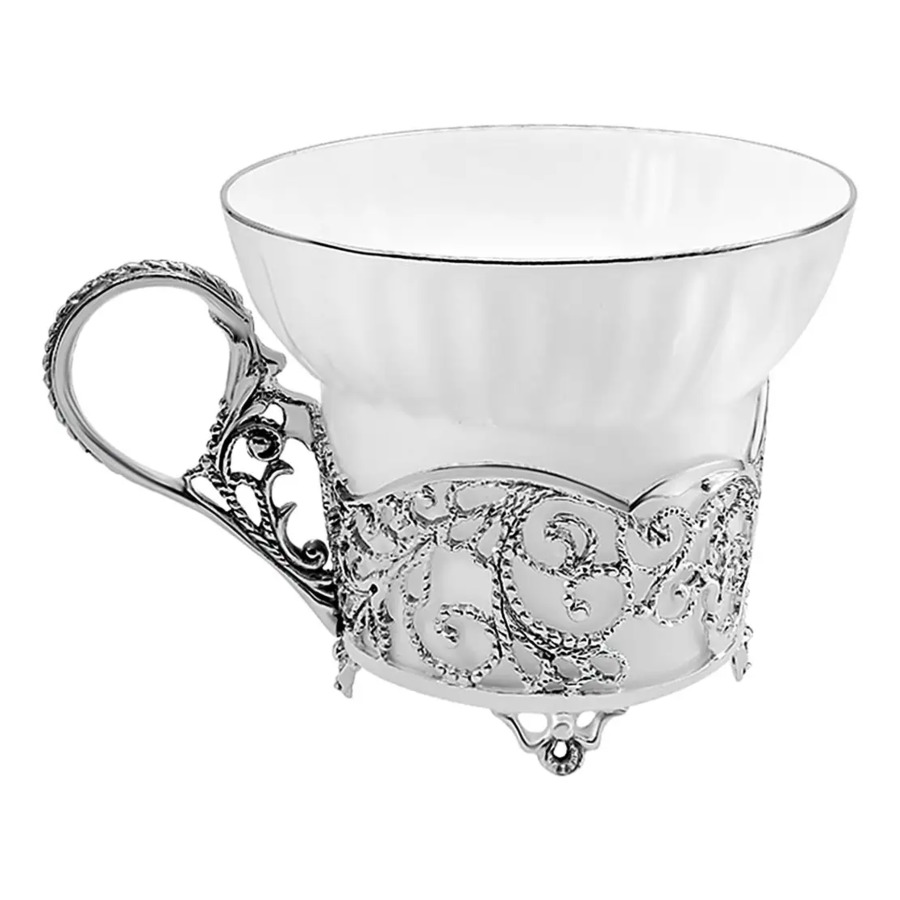 Чашка чайная с ложкой в футляре АргентА Кружевные узоры 74,01 г, 2 предмета, серебро 925, фарфор
