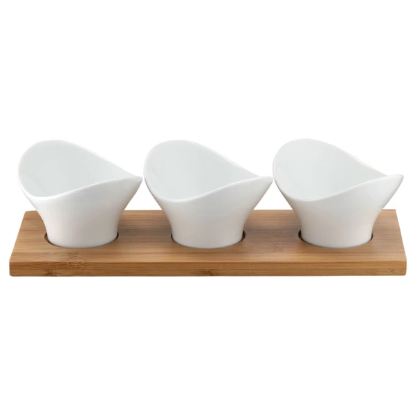 Набор для сервировки закусок Weis 3 предмета: 2 розетки на подставке, 27х10 см, фарфор, бамбук, п/к