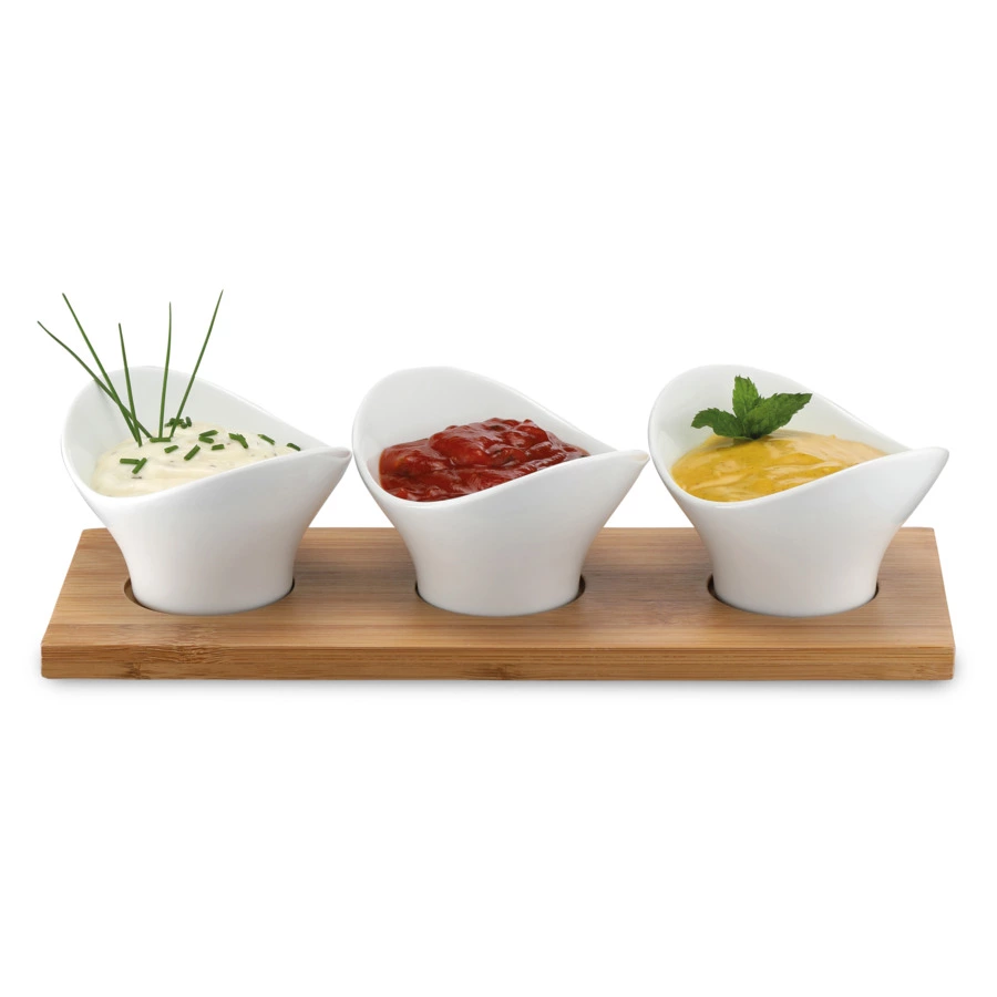 Набор для сервировки закусок Weis 3 предмета: 2 розетки на подставке, 27х10 см, фарфор, бамбук, п/к