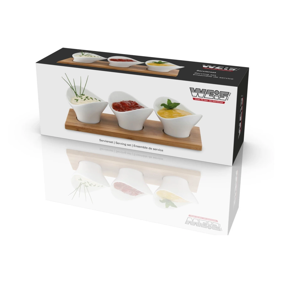 Набор для сервировки закусок Weis 3 предмета: 2 розетки на подставке, 27х10 см, фарфор, бамбук, п/к