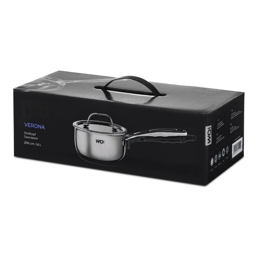 Ковш со стеклянной крышкой WO HOME Verona 1,6 л, 16x8 см, сталь нержавеющая 18/10, п/к