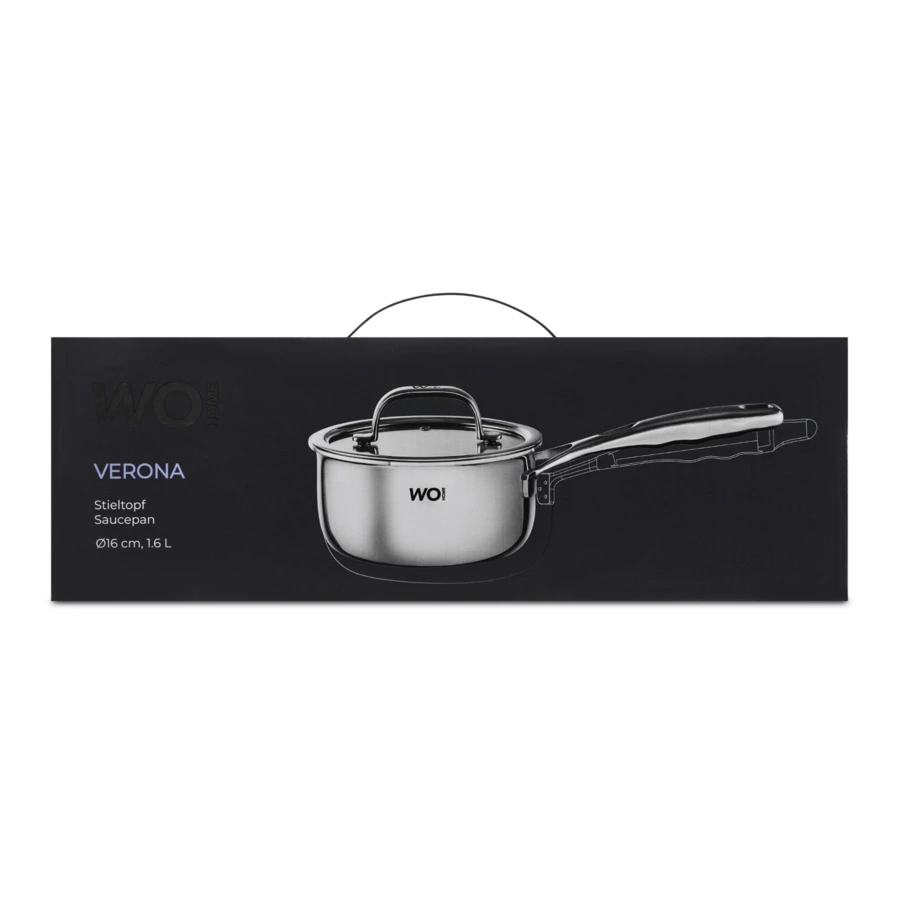 Ковш со стеклянной крышкой WO HOME Verona 1,6 л, 16x8 см, сталь нержавеющая 18/10, п/к