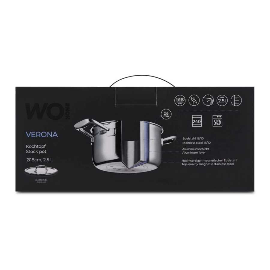 Кастрюля со стеклянной крышкой WO HOME Verona 2,5 л, 18х10 см, сталь нержавеющая 18/10, п/к